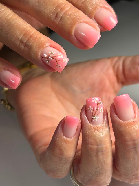 Uñas cortas en ombré rosa con ramas de flor de cerezo pintadas a mano